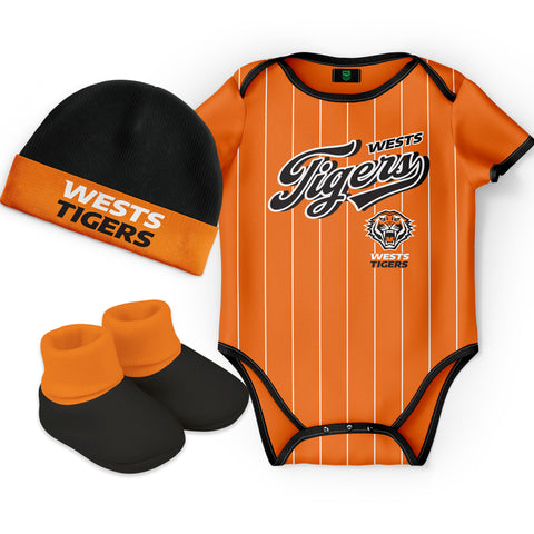Wests Tigers NRL 'Lullaby' Baby Romper Bodysuit 3pc Gift Set