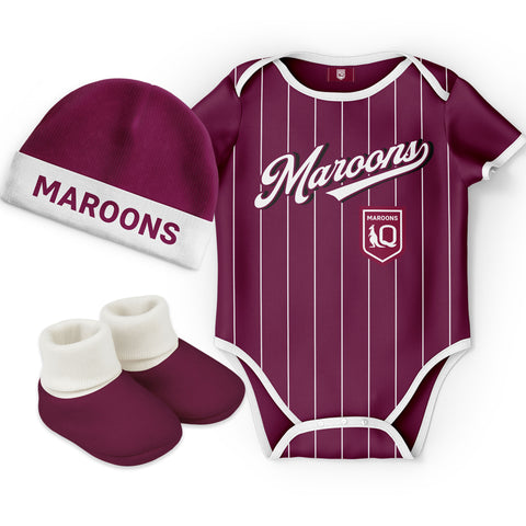 QLD Maroons State of Origin 'Lullaby' Baby Romper Bodysuit 3pc Gift Set