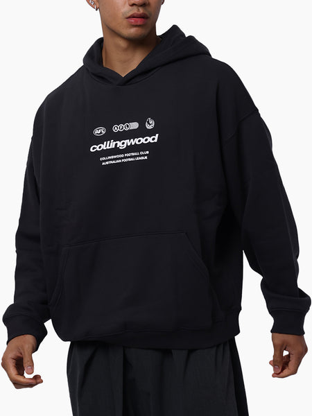 Collingwood Magpies Mens Lifestyle Box Fit Washed Black Hoodie