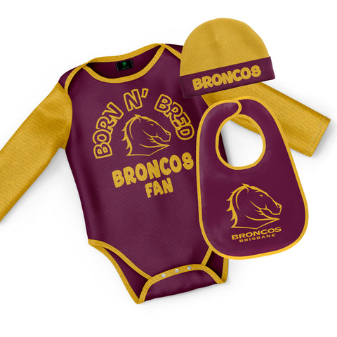 Brisbane Broncos NRL Baby Infant Romper Bodysuit Beanie Bib 3pc Gift Set