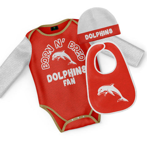 Redcliffe Dolphins NRL Baby Infant Romper Bodysuit Beanie Bib 3pc Gift Set