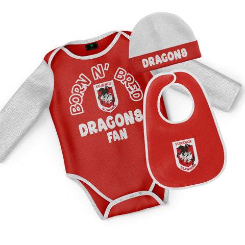 St George Dragons NRL Baby Infant Romper Bodysuit Beanie Bib 3pc Gift Set