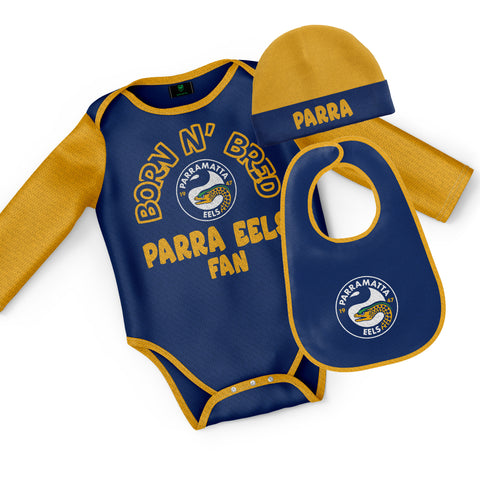 Parramatta Eels NRL Baby Infant Romper Bodysuit Beanie Bib 3pc Gift Set