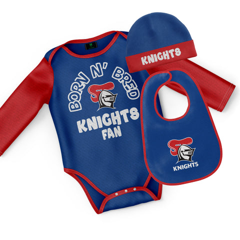Newcastle Knights NRL Baby Infant Romper Bodysuit Beanie Bib 3pc Gift Set