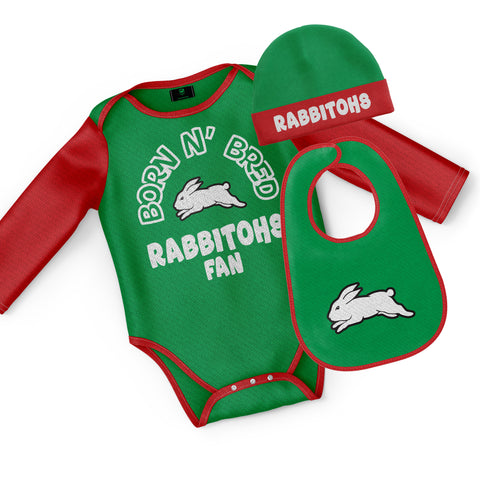 South Sydney Rabbitohs NRL Baby Infant Romper Bodysuit Beanie Bib 3pc Gift Set