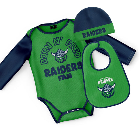 Canberra Raiders NRL Baby Infant Romper Bodysuit Beanie Bib 3pc Gift Set