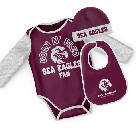 Manly Sea Eagles NRL Baby Infant Romper Bodysuit Beanie Bib 3pc Gift Set