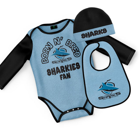 Cronulla Sharks NRL Baby Infant Romper Bodysuit Beanie Bib 3pc Gift Set