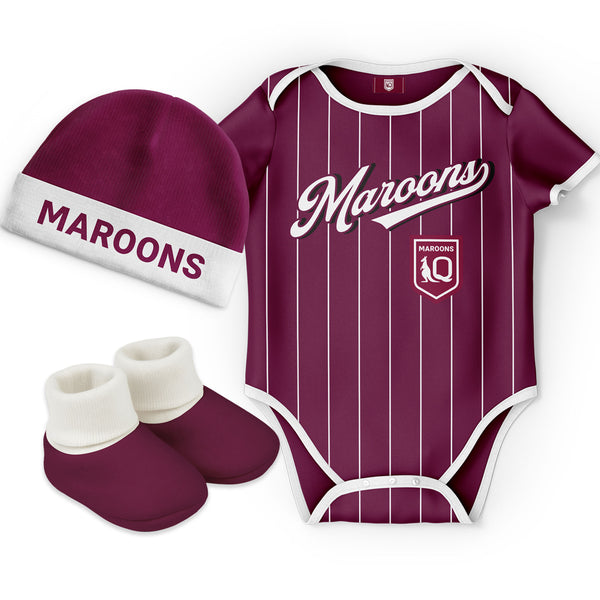 QLD Maroons State of Origin 'Lullaby' Baby Romper Bodysuit 3pc Gift Set