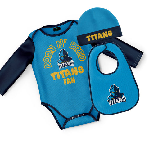 Gold Coast Titans NRL Baby Infant Romper Bodysuit Beanie Bib 3pc Gift Set