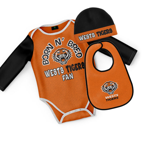 Wests Tigers NRL Baby Infant Romper Bodysuit Beanie Bib 3pc Gift Set