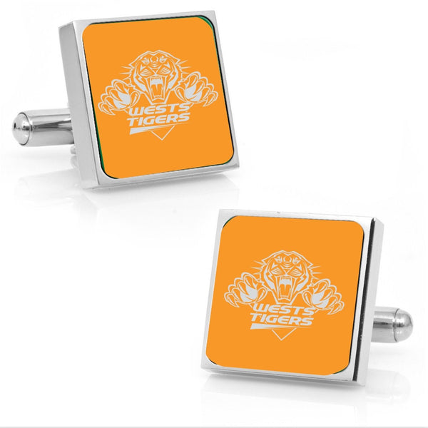 Wests Tigers Stainless Etched Logo Square Cufflinks - Spectator Sports Online